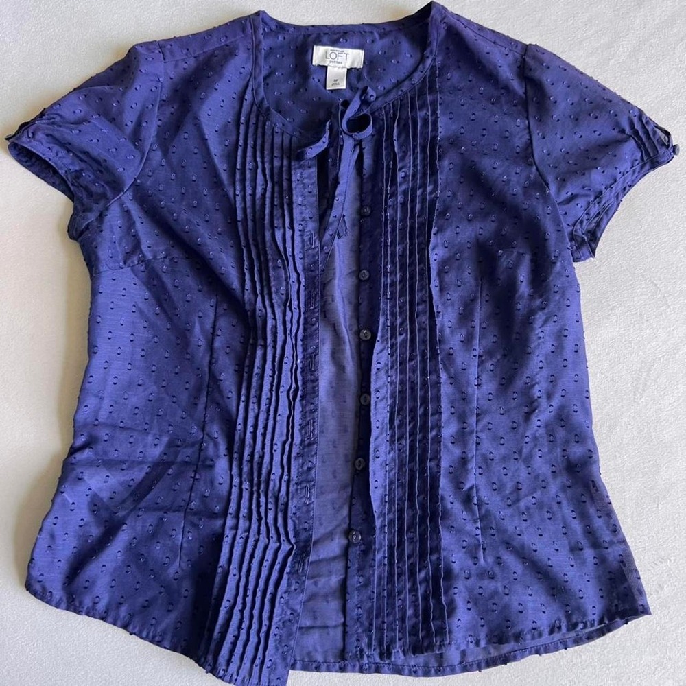 Semi-Sheer 💙🪻blue/purple blouse tie top button up Ann Taylor Loft Sweet